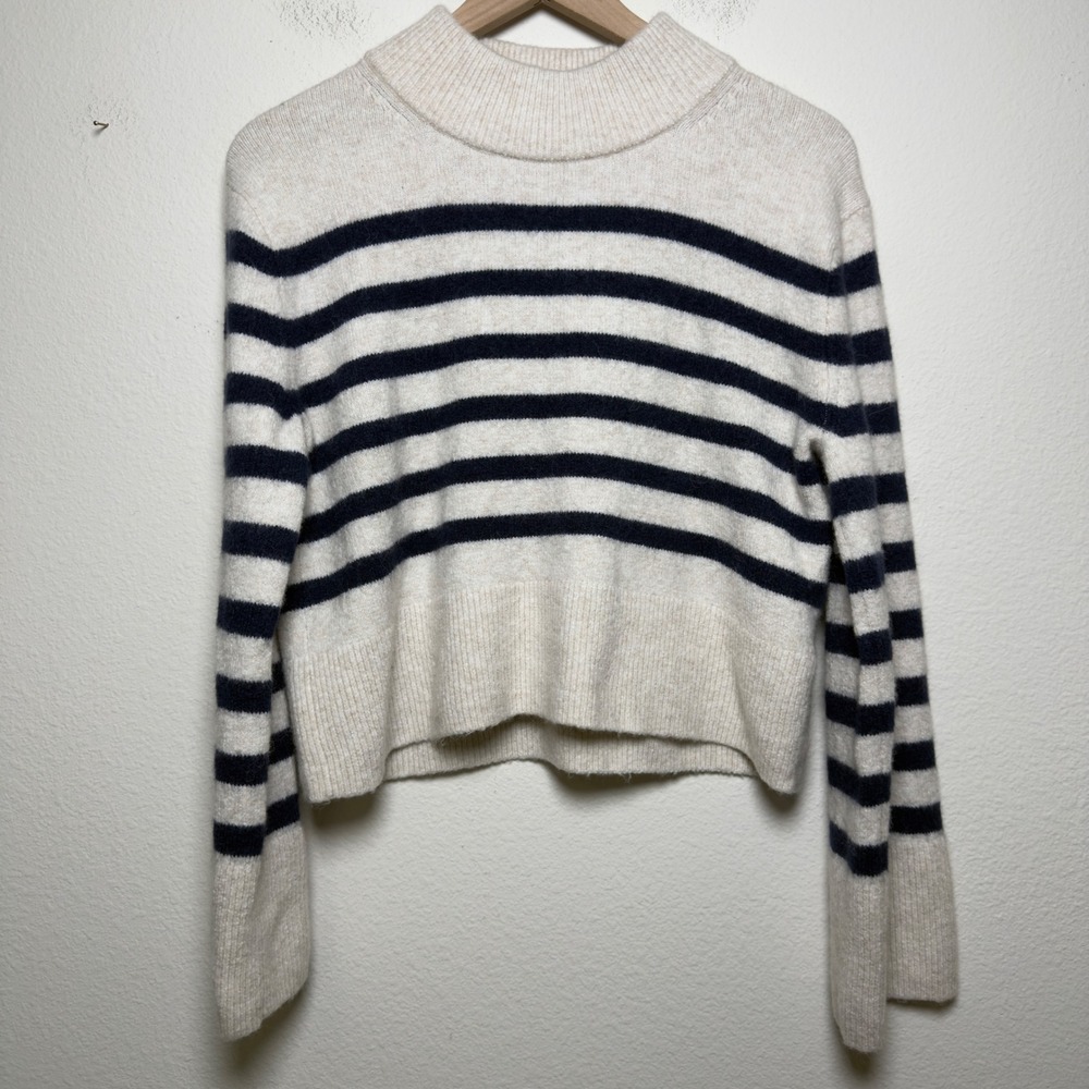 J. Crew Womens Merino Wool Alpaca Sweater XS Cream Navy Breton Stripe Preppy